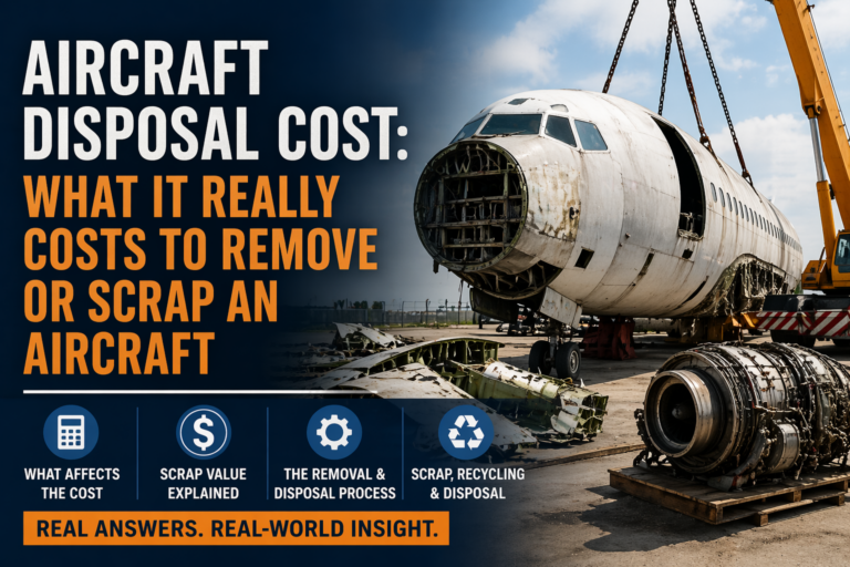 Aircraft disposal process showing dismantling, removal, and recycling steps that impact overall cost