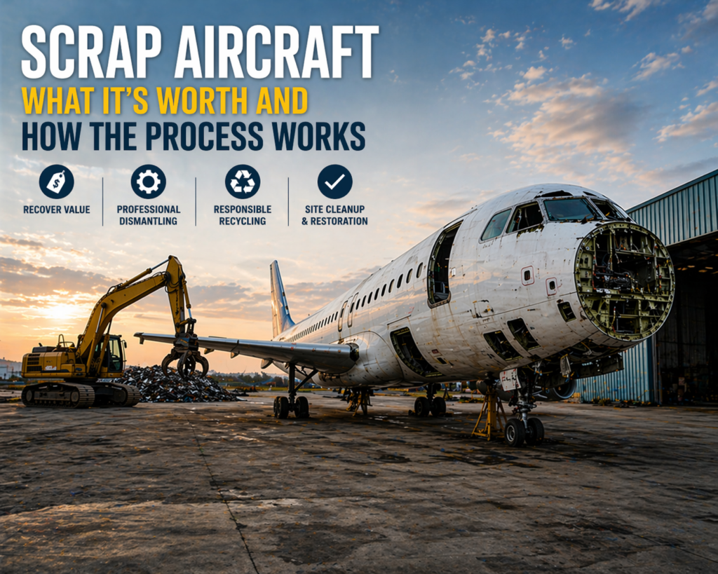 Scrap aircraft being dismantled on-site with excavator and exposed fuselage during aircraft disposal process